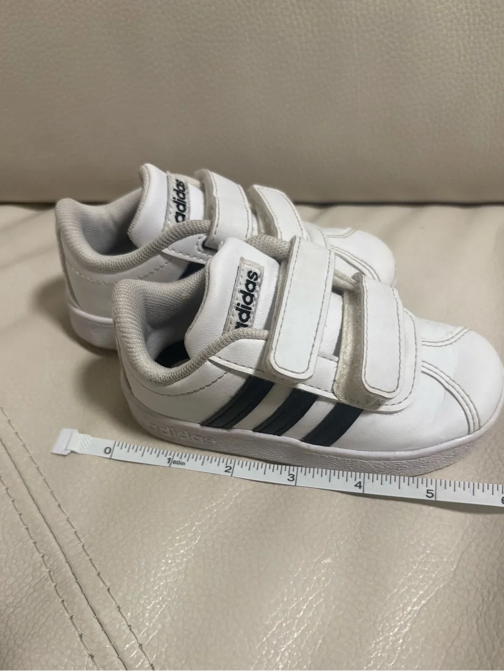 adidas Toddler White Sneakers Black Stripes Velcro Size 5.5